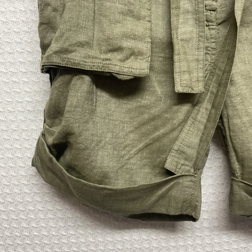 By Malene Birger Olive Linen Cargo High Waisted Tie Belt Button Fly Utility 38